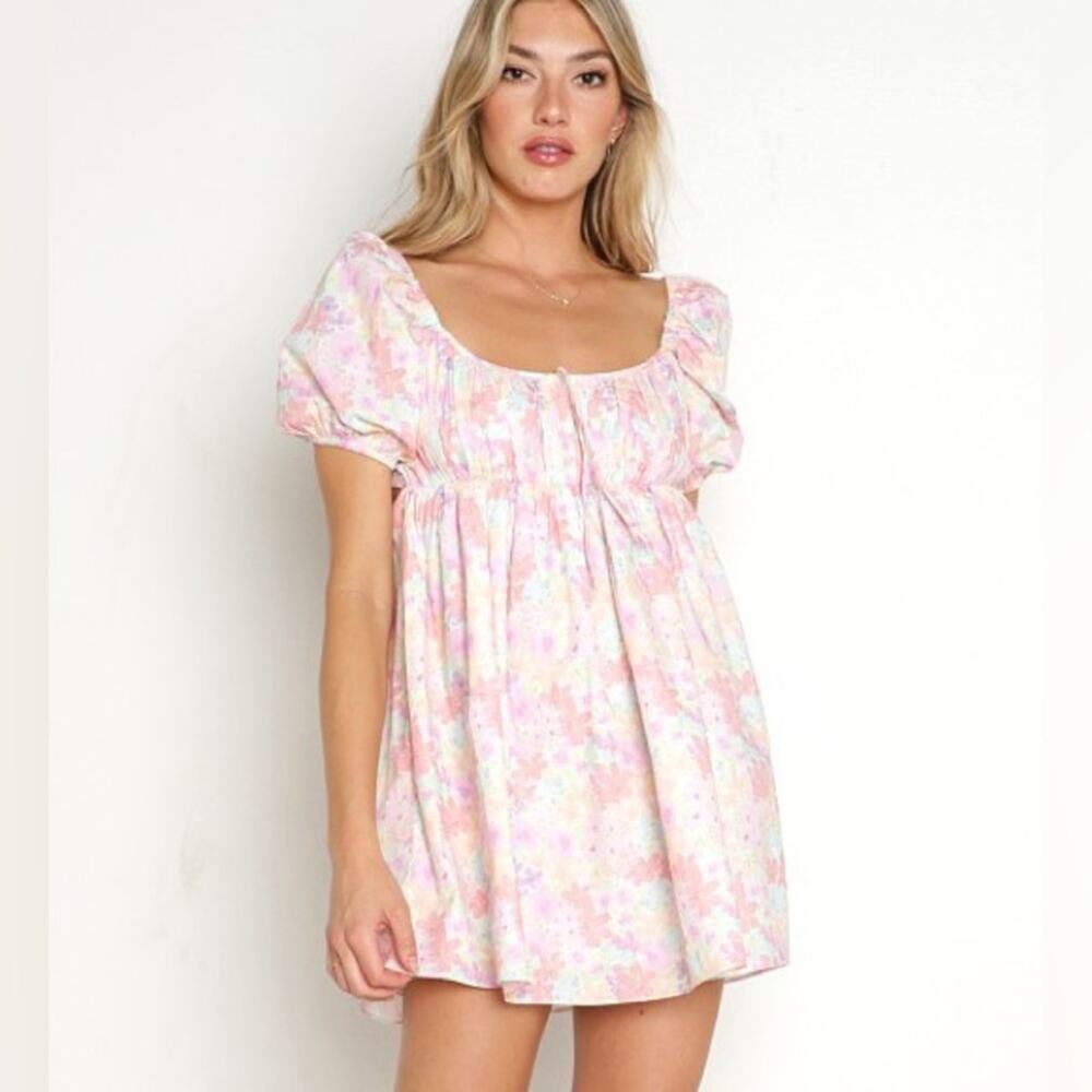 For Love & Lemons Kennedy Floral Puff Sleeve Mini Dress Open Tie Back NWT Sz XS